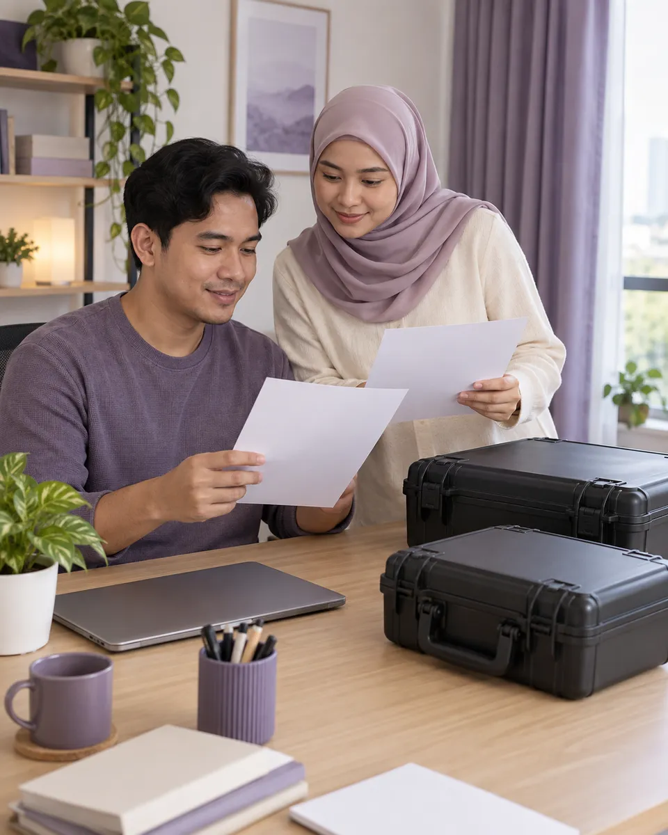 Ilustrasi: Dua pelanggan meneliti helaian kosong di meja bersama dua bekas keras tertutup.